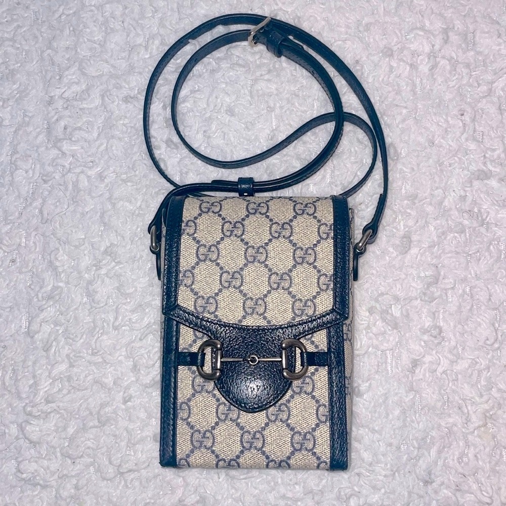 Gucci GG Guccissima 1955 Horsebit Mini Rectangle Crossbody Bag Navy Beige 625615 - Picture 3 of 17